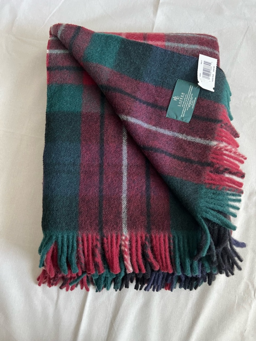 NWT Ralph Lauren Green and Red Plaid Fringe Throw - twin
